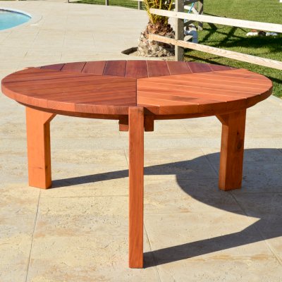 Lisa's Retro Outdoor Patio Table (Options: 5' Diameter, No Seating, Mature Redwood, Standard Tabletop, No Lazy Susan, No Umbrella Hole, Transparent Premium Sealant).