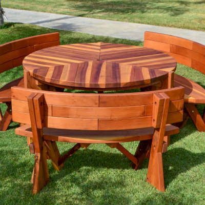 Lisa's Retro Outdoor Patio Table (Options: 5' Diameter, California Redwood, Custom Fullback Arc Benches, Standard Tabletop, No Lazy Susan, Umbrella Hole, Transparent Premium Sealant).