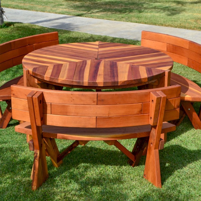 Lisa's Retro Outdoor Patio Table (Options: 5' Diameter, California Redwood, Custom Fullback Arc Benches, Standard Tabletop, No Lazy Susan, Umbrella Hole, Transparent Premium Sealant). Lisa's Retro Outdoor Patio Table (Options: 5' Diameter, California Redwood, Custom Fullback Arc Benches, Standard Tabletop, No Lazy Susan, Umbrella Hole, Transparent Premium Sealant).