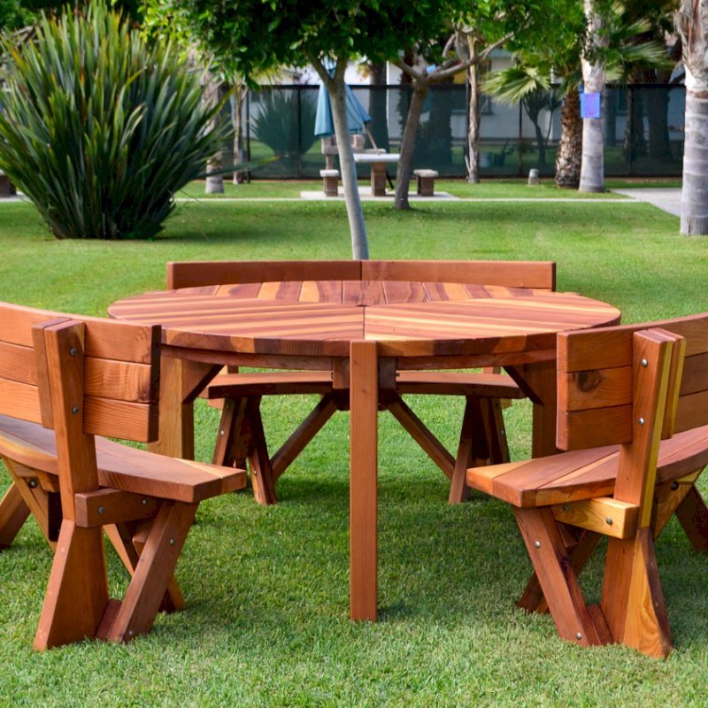 Lisa's Retro Outdoor Patio Table (Options: 5' Diameter, Custom Fullback Arc Benches, California Redwood, Standard Tabletop, No Lazy Susan, Umbrella Hole, Transparent Premium Sealant). Lisa's Retro Outdoor Patio Table (Options: 5' Diameter, Custom Fullback Arc Benches, California Redwood, Standard Tabletop, No Lazy Susan, Umbrella Hole, Transparent Premium Sealant).