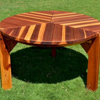 Lisa's Retro Outdoor Patio Table (Options: 4' Diameter, No Seating, California Redwood, Standard Tabletop, No Lazy Susan, No Umbrella Hole, Transparent Premium Sealant).