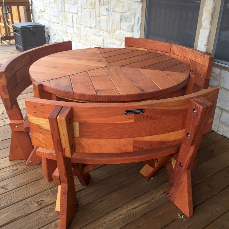 Lisa's Retro Outdoor Patio Table (Options: 4' Diameter, Fullback Arc Benches, California Redwood, Standard Tabletop, No Lazy Susan, 2" Umbrella Hole, Transparent Premium Sealant). Photo Courtesy of Mr. and Ms. Tillery of Garland, TX. Lisa's Retro Outdoor Patio Table (Options: 4' Diameter, Fullback Arc Benches, California Redwood, Standard Tabletop, No Lazy Susan, 2" Umbrella Hole, Transparent Premium Sealant). Photo Courtesy of Mr. and Ms. Tillery of Garland, TX.