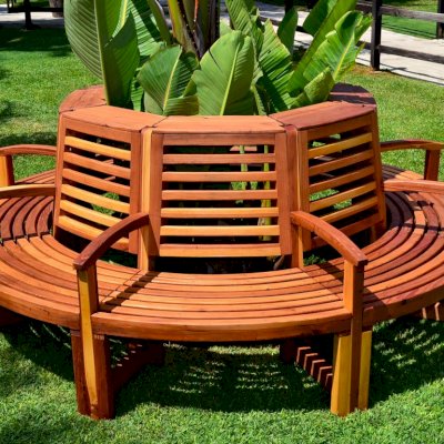 Luna Redwood Tree Bench (Options: 8 1/2 ft, California Redwood, Beverage Ledge, No Cushion, No Engraving, Transparent Premium Sealant).