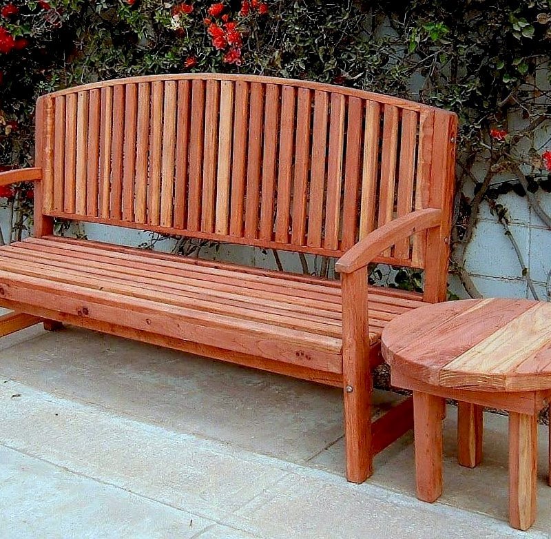 Luna Wood Bench (Bench Options: 6 ft, California Redwood, No Cushion, No Engraving, Transparent Premium Sealant) and Round Side Table (Options: California Redwood, Unfinished). Luna Wood Bench (Bench Options: 6 ft, California Redwood, No Cushion, No Engraving, Transparent Premium Sealant) and Round Side Table (Options: California Redwood, Unfinished).