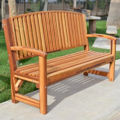 Luna Wood Bench (Options: 5 ft, Mosaic Redwood, No Cushion, No Engraving, Transparent Premium Sealant). Custom detail - customer requested seat and backrest slats in Redwood.