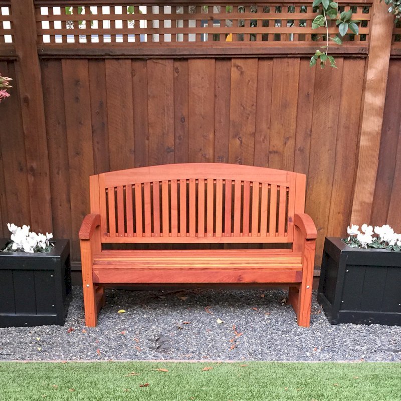 Luna Memorial Bench (Options: 5 ft, California Redwood, No Cushion, No Engraving, Transparent Premium Sealant) with 2 Sonoma Planters. Photo Courtesy of Susan H. of Palo Alto, CA. Luna Memorial Bench (Options: 5 ft, California Redwood, No Cushion, No Engraving, Transparent Premium Sealant) with 2 Sonoma Planters. Photo Courtesy of Susan H. of Palo Alto, CA.