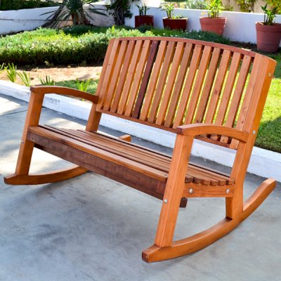 Luna Wood Rocking Bench (Options: 7ft L, Deep, Mature Redwood, No Cushion, No Engraving, Transparent Premium Sealant).