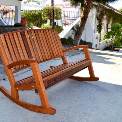 Luna Wood Rocking Bench (Options: 7ft L, Deep, Mature Redwood, No Cushion, No Engraving, Transparent Premium Sealant).