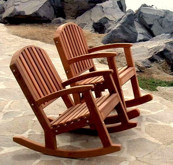 Luna Rocking Chairs - Options: Standard Size, Mature Redwood, No Cushion, Deep Style (left), Tall Style (right, rear), Transparent Premium Sealant. Luna Rocking Chairs - Options: Standard Size, Mature Redwood, No Cushion, Deep Style (left), Tall Style (right, rear), Transparent Premium Sealant.