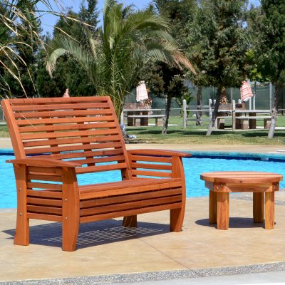 Marazul Wood Outdoor Loveseat (Options: Mature Redwood, No Cushion, Transparent Premium Sealant) and Ashley Round Side Table.