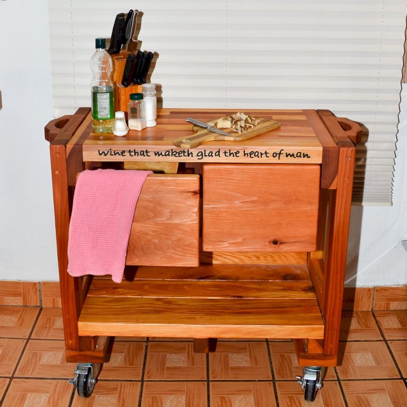 Mary's Cook 'n' Carry Cart (Options: California Redwood, Compact Size, 36" H, Custom Engraving, Add Handle on Both Sides, Transparent Premium Sealant). Mary's Cook 'n' Carry Cart (Options: California Redwood, Compact Size, 36" H, Custom Engraving, Add Handle on Both Sides, Transparent Premium Sealant).