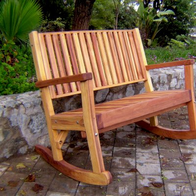 Massive Wooden Rocking Bench (Options: 7ft L, Tall, California Redwood, No Cushion, No Engraving, Transparent Premium Sealant).
