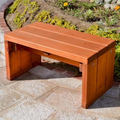 Maynard Garden Bench (Options: 2 1/2 ft x 16 inches W x 15 1/2 inches H, Mature Redwood, No Cushion, No Engraving, Transparent Premium Sealant). Photo Courtesy of The Estero Beach Resort of Ensenada, Mexico. 