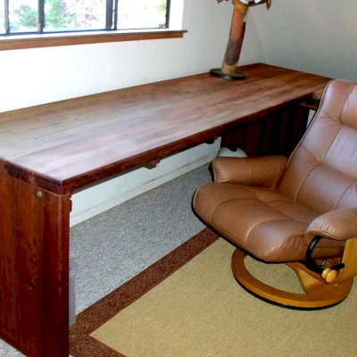 Maynard Modern Redwood Patio Table (Options: 10' L, 34 1/2" W Tabletop, No Seating, Mature Redwood, Seamless Tabletop, No Umbrella Hole, Transparent Premium Sealant). Photo Courtesy of Mr. Bill Burke of San Francisco, CA. Chair not included.