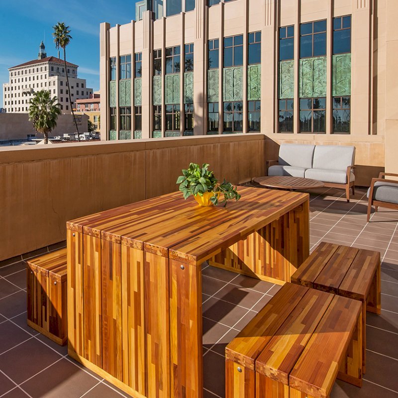 Maynard Modern Redwood Patio Table (Options: 6' L, 34 1/2" W Tabletop, Side Benches, Mosaic Eco-Wood, 2 Half Length Maynard Benches Per Side (Extra Wide by Custom Request), Standard Tabletop, No Umbrella Hole, Transparent Premium Sealant). Photo Courtesy of D. Kirtley of Santa Fe Springs, CA Maynard Modern Redwood Patio Table (Options: 6' L, 34 1/2" W Tabletop, Side Benches, Mosaic Eco-Wood, 2 Half Length Maynard Benches Per Side (Extra Wide by Custom Request), Standard Tabletop, No Umbrella Hole, Transparent Premium Sealant). Photo Courtesy of D. Kirtley of Santa Fe Springs, CA