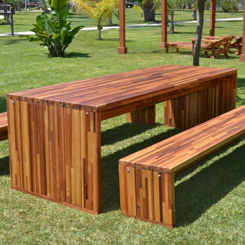 Maynard Modern Redwood Patio Table (Options: 8' L, 34 1/2" W Tabletop, Side Benches, Mosaic Eco-Wood, 1 Full Length Maynard Bench Per Side, Standard Tabletop, Umbrella Hole, Transparent Premium Sealant) Maynard Modern Redwood Patio Table (Options: 8' L, 34 1/2" W Tabletop, Side Benches, Mosaic Eco-Wood, 1 Full Length Maynard Bench Per Side, Standard Tabletop, Umbrella Hole, Transparent Premium Sealant)
