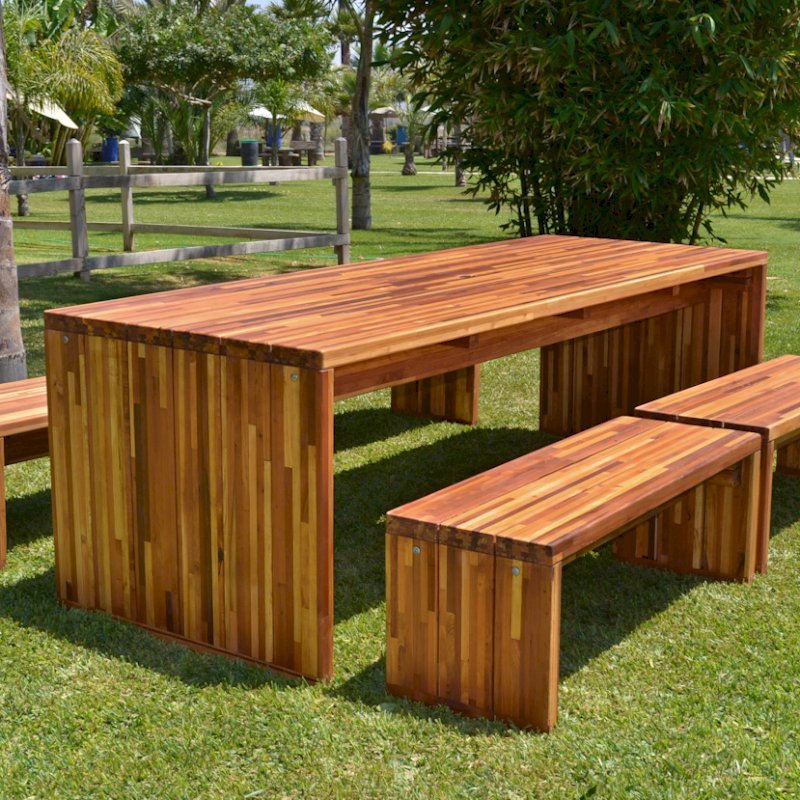 Maynard Modern Redwood Patio Table (Options: 8' L, 34 1/2" W Tabletop, Side Benches, Mosaic Eco-Wood, 2 Half Length Maynard Benches Per Side, Standard Tabletop, Umbrella Hole, Transparent Premium Sealant). Maynard Modern Redwood Patio Table (Options: 8' L, 34 1/2" W Tabletop, Side Benches, Mosaic Eco-Wood, 2 Half Length Maynard Benches Per Side, Standard Tabletop, Umbrella Hole, Transparent Premium Sealant).