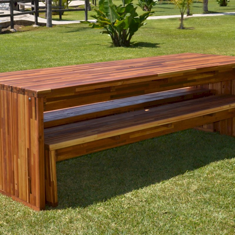 Maynard Modern Redwood Patio Table (Options: 8' L, 34 1/2" W Tabletop, Side Benches, Mosaic Eco-Wood, 1 Full Length Maynard Bench Per Side, Standard Tabletop, Umbrella Hole, Transparent Sealant). Benches made 4" shorter than tabletop so they can slide underneath. Maynard Modern Redwood Patio Table (Options: 8' L, 34 1/2" W Tabletop, Side Benches, Mosaic Eco-Wood, 1 Full Length Maynard Bench Per Side, Standard Tabletop, Umbrella Hole, Transparent Sealant). Benches made 4" shorter than tabletop so they can slide underneath.