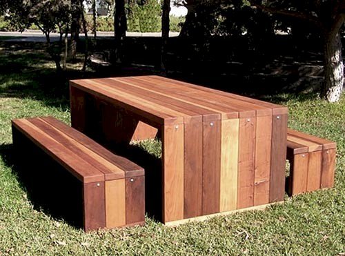 Maynard Modern Redwood Patio Table (Options: 8' L, 34 1/2" W Tabletop, Side Benches, California Redwood, 1 Full Length Side Bench/Side, Standard Tabletop, No Umbrella Hole, Transparent Premium Sealant). Benches made 4" shorter than tabletop so they can slide underneath. Maynard Modern Redwood Patio Table (Options: 8' L, 34 1/2" W Tabletop, Side Benches, California Redwood, 1 Full Length Side Bench/Side, Standard Tabletop, No Umbrella Hole, Transparent Premium Sealant). Benches made 4" shorter than tabletop so they can slide underneath.