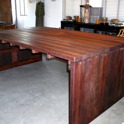 Maynard Modern Redwood Patio Table (Options: 8' L, 57 1/2" W Tabletop, No Seating, Old-Growth Redwood, Seamless Tabletop, No Umbrella Hole, Coffee Stain). 