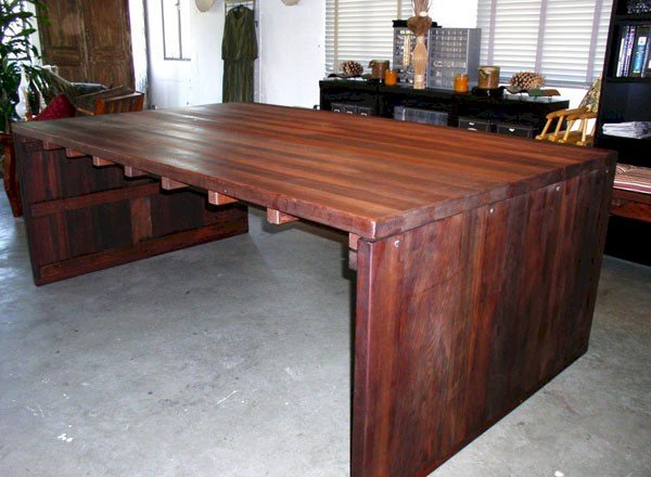 Maynard Modern Redwood Patio Table (Options: 8' L, 57 1/2" W Tabletop, No Seating, Old-Growth Redwood, Seamless Tabletop, No Umbrella Hole, Coffee Stain). Maynard Modern Redwood Patio Table (Options: 8' L, 57 1/2" W Tabletop, No Seating, Old-Growth Redwood, Seamless Tabletop, No Umbrella Hole, Coffee Stain).