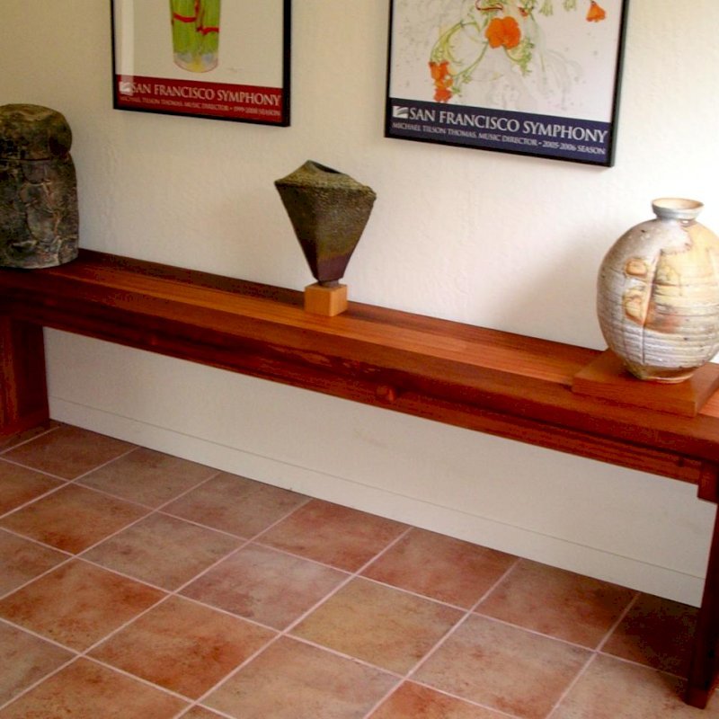 Maynard's Hall Tables (Options: 7' L, 17 1/4-inch Wide Tabletop, Mature Redwood, Seamless Tabletop Option, Squared Corners, Transparent Premium Sealant). Photo Courtesy of Mr. Bill Burke of San Francisco, CA. Maynard's Hall Tables (Options: 7' L, 17 1/4-inch Wide Tabletop, Mature Redwood, Seamless Tabletop Option, Squared Corners, Transparent Premium Sealant). Photo Courtesy of Mr. Bill Burke of San Francisco, CA.