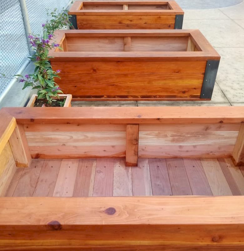 Custom Mendocino Planters (Options: 6' L x 3' W x 20" H, California Redwood, with 5 x 5 Custom Corten Steel Angles, Interior of Box Without Sealant, Transparent Premium Sealant). Photo Courtesy of J. Verzano of San Francisco, CA. Custom Mendocino Planters (Options: 6' L x 3' W x 20" H, California Redwood, with 5 x 5 Custom Corten Steel Angles, Interior of Box Without Sealant, Transparent Premium Sealant). Photo Courtesy of J. Verzano of San Francisco, CA.