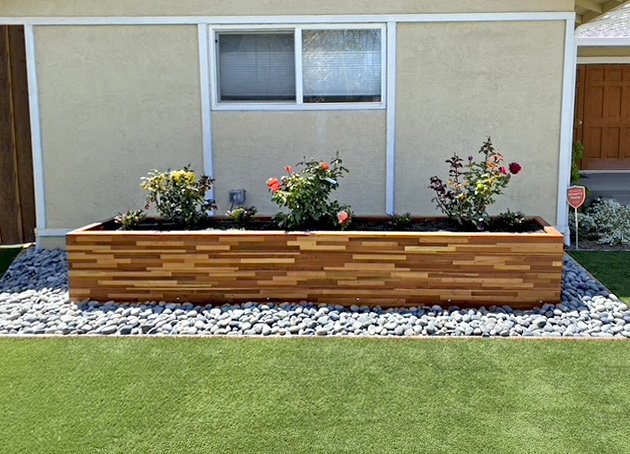 Mendocino Planters (Options: 144" L, 24" W x 24" H, Mosaic Eco-Wood, 1 3/4-inch Feet, No Casters, No Trellis, No Growing Vegetables, Transparent Premium Sealant). Photo Courtesy of B. Bond of Newark, California. Mendocino Planters (Options: 144" L, 24" W x 24" H, Mosaic Eco-Wood, 1 3/4-inch Feet, No Casters, No Trellis, No Growing Vegetables, Transparent Premium Sealant). Photo Courtesy of B. Bond of Newark, California.