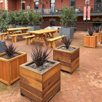 Mendocino Planters (Options: 24"L, 24"W, 24"H, California Redwood, With 1 3/4" Feet, No Trellis, Interior and Exterior of Box with Sealant (No Growing Vegetables), Transparent Premium Sealant). Photo also shows some Forever Picnic Tables and some Napa Platers. Horizontal board planters (Mendocino Planters) were initially installed in 2015 and this is why the finish is a bit darker than the Napa Planters. Photo Courtesy of D. Harty of San Francisco, CA.