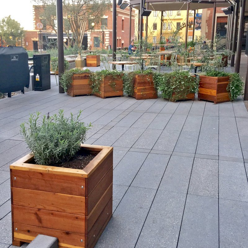 Mendocino Planters (Options: 24" L, 24" W x 24" H, California Redwood, 1 3/4-inch Feet, No Trellis, No Growing Vegetables, Transparent Premium Sealant). Photo Courtesy of Waxman's Pizzeria in Ghirardelli Square, 900 North Point Street, San Francisco, CA, 94109. Mendocino Planters (Options: 24" L, 24" W x 24" H, California Redwood, 1 3/4-inch Feet, No Trellis, No Growing Vegetables, Transparent Premium Sealant). Photo Courtesy of Waxman's Pizzeria in Ghirardelli Square, 900 North Point Street, San Francisco, CA, 94109.