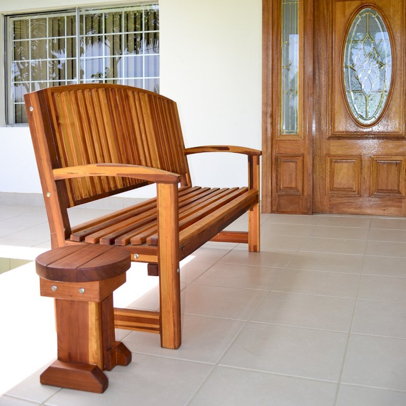 Mini 12 Inch Round Wood Side Table (Options: California Redwood, 16 inches tall, Transparent Premium Sealant) and Luna Benches. Mini 12 Inch Round Wood Side Table (Options: California Redwood, 16 inches tall, Transparent Premium Sealant) and Luna Benches.