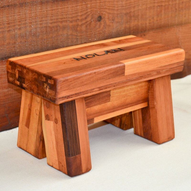 Mini Wooden Foot Stool (Options: Mosaic Eco-Wood, 7" H, Custom Engraving, Transparent Premium Sealant). Mini Wooden Foot Stool (Options: Mosaic Eco-Wood, 7" H, Custom Engraving, Transparent Premium Sealant).