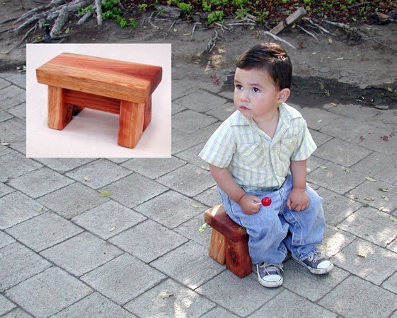 Mini Wooden Foot Stool (Options: California Redwood, 7" H, No Engraving, Transparent Premium Sealant). 2 year old Samuel Antonio Alvarez modeled with the permission of his lovely mother, Iris. Mini Wooden Foot Stool (Options: California Redwood, 7" H, No Engraving, Transparent Premium Sealant). 2 year old Samuel Antonio Alvarez modeled with the permission of his lovely mother, Iris.