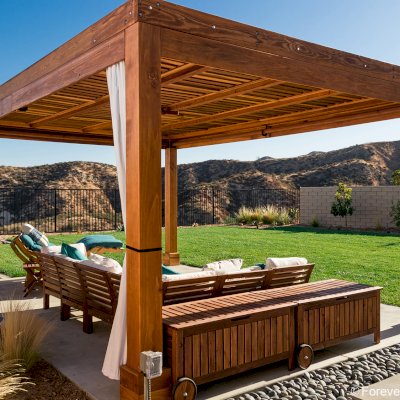 Modern Fat Timber Pergola (Options: 20' L x 14' W, California Redwood, No Rain Guard, 9 ft H, 1 Electrical Wiring Trim, 4 Curtain Rods, 4-Post Anchor Kit for High-Wind, No Post Decorative Trims, 1 Ceiling Fan Base, Transparent Premium Sealant).