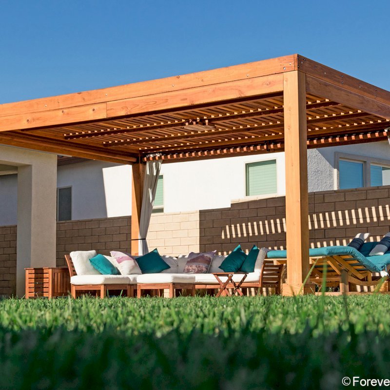 Modern Fat Timber Pergola (Options: 20' L x 14' W, California Redwood, No Rain Guard, 9 ft H, 1 Electrical Wiring Trim, 4 Curtain Rods, 4 Post Anchor Kit for Gale-Wind, No Post Decorative Trims, 1 Ceiling Fan Base, Transparent Premium Sealant). Modern Fat Timber Pergola (Options: 20' L x 14' W, California Redwood, No Rain Guard, 9 ft H, 1 Electrical Wiring Trim, 4 Curtain Rods, 4 Post Anchor Kit for Gale-Wind, No Post Decorative Trims, 1 Ceiling Fan Base, Transparent Premium Sealant).