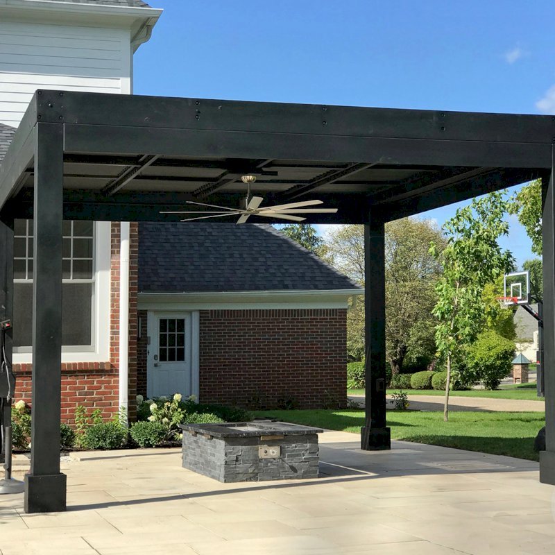 Modern Louvered Garden Pergola (Options: 14' L x 14' W, 8" x 8" Posts, Mobile Louvers, California Redwood, 10 ft H, 2 Electrical Wiring Trims, No Curtain Rods, 4 Post Anchor Kit for Concrete, No Post Decorative Trims, 1 Ceiling Fan Base, Custom Black Stain). Photo Courtesy of B. Amiano of Carmel, Indiana. Modern Louvered Garden Pergola (Options: 14' L x 14' W, 8" x 8" Posts, Mobile Louvers, California Redwood, 10 ft H, 2 Electrical Wiring Trims, No Curtain Rods, 4 Post Anchor Kit for Concrete, No Post Decorative Trims, 1 Ceiling Fan Base, Custom Black Stain). Photo Courtesy of B. Amiano of Carmel, Indiana.