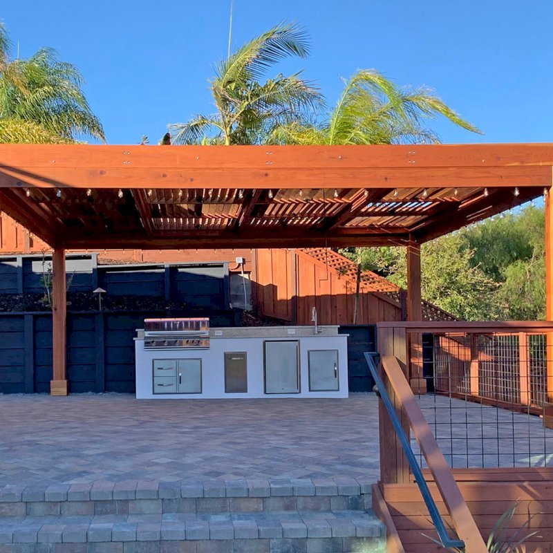 Modern Louvered Garden Pergola (Options: 20' L x 18' W, 8" x 8" Posts, with Fascia, Mobile Louvers, California Redwood, 9.5 ft H, Electrical Wiring Trim for 2 Posts, No Curtain Rods, 4 Post Anchor Kit for Concrete, No Post Decorative Trims, No Ceiling Fan Base, Transparent Premium Sealant). Photo Courtesy of D. Parker of San Carlos, California. Modern Louvered Garden Pergola (Options: 20' L x 18' W, 8" x 8" Posts, with Fascia, Mobile Louvers, California Redwood, 9.5 ft H, Electrical Wiring Trim for 2 Posts, No Curtain Rods, 4 Post Anchor Kit for Concrete, No Post Decorative Trims, No Ceiling Fan Base, Transparent Premium Sealant). Photo Courtesy of D. Parker of San Carlos, California.