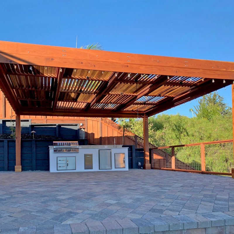 Modern Louvered Garden Pergola (Options: 20' L x 18' W, 8" x 8" Posts, with Fascia, Mobile Louvers, California Redwood, 9.5 ft H, Electrical Wiring Trim for 2 Posts, No Curtain Rods, 4 Post Anchor Kit for Concrete, No Post Decorative Trims, No Ceiling Fan Base, Transparent Premium Sealant). Photo Courtesy of D. Parker of San Carlos, California. Modern Louvered Garden Pergola (Options: 20' L x 18' W, 8" x 8" Posts, with Fascia, Mobile Louvers, California Redwood, 9.5 ft H, Electrical Wiring Trim for 2 Posts, No Curtain Rods, 4 Post Anchor Kit for Concrete, No Post Decorative Trims, No Ceiling Fan Base, Transparent Premium Sealant). Photo Courtesy of D. Parker of San Carlos, California.