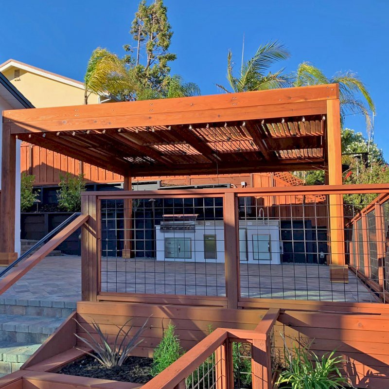 Modern Louvered Garden Pergola (Options: 20' L x 18' W, 8" x 8" Posts, with Fascia, Mobile Louvers, California Redwood, 9.5 ft H, Electrical Wiring Trim for 2 Posts, No Curtain Rods, 4 Post Anchor Kit for Concrete, No Post Decorative Trims, No Ceiling Fan Base, Transparent Premium Sealant). Photo Courtesy of D. Parker of San Carlos, California. Modern Louvered Garden Pergola (Options: 20' L x 18' W, 8" x 8" Posts, with Fascia, Mobile Louvers, California Redwood, 9.5 ft H, Electrical Wiring Trim for 2 Posts, No Curtain Rods, 4 Post Anchor Kit for Concrete, No Post Decorative Trims, No Ceiling Fan Base, Transparent Premium Sealant). Photo Courtesy of D. Parker of San Carlos, California.