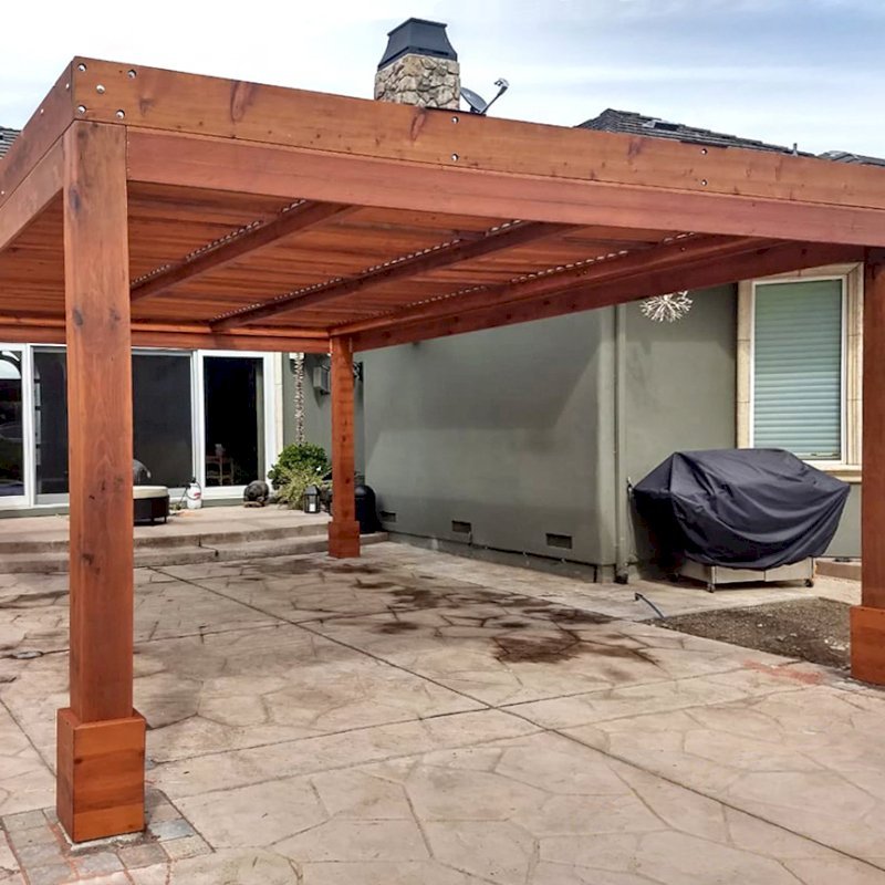 Modern Louvered Garden Pergola (Options: 20' L x 15' W, 8" x 8" Posts, Mobile Louvers, Mature Redwood, 9.5 ft H, 1 Electrical Wiring Trim, 4-Post Anchor Kit for Hurricane, No post decorative trims, 1 Ceiling Fan Base, Transparent Premium Sealant). Photo Courtesy of D. Ruprecht of Hollister, CA. Modern Louvered Garden Pergola (Options: 20' L x 15' W, 8" x 8" Posts, Mobile Louvers, Mature Redwood, 9.5 ft H, 1 Electrical Wiring Trim, 4-Post Anchor Kit for Hurricane, No post decorative trims, 1 Ceiling Fan Base, Transparent Premium Sealant). Photo Courtesy of D. Ruprecht of Hollister, CA.