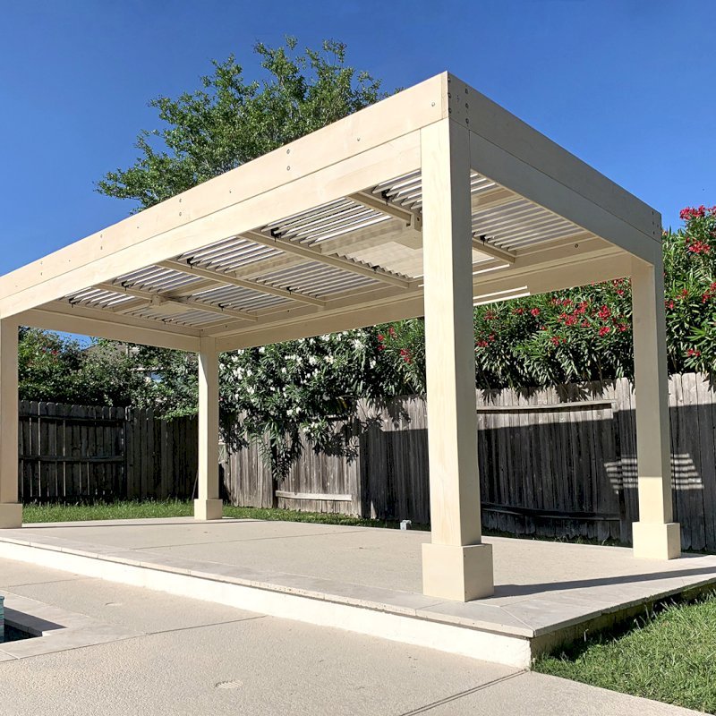 Custom Modern Louvered Garden Pergola (Options: 20' L x 10' W, 8" x 8" Posts, Mobile Louvers, Douglas-fir, 8.5 ft H, 1 Electrical Wiring Trim, No Curtain Rods, 4 Post Anchor Kit for Concrete, 2 Ceiling Fan Bases, White Wash Finish). Photo Courtesy of G. Rodriguez of Cypress, TX. Custom Modern Louvered Garden Pergola (Options: 20' L x 10' W, 8" x 8" Posts, Mobile Louvers, Douglas-fir, 8.5 ft H, 1 Electrical Wiring Trim, No Curtain Rods, 4 Post Anchor Kit for Concrete, 2 Ceiling Fan Bases, White Wash Finish). Photo Courtesy of G. Rodriguez of Cypress, TX.
