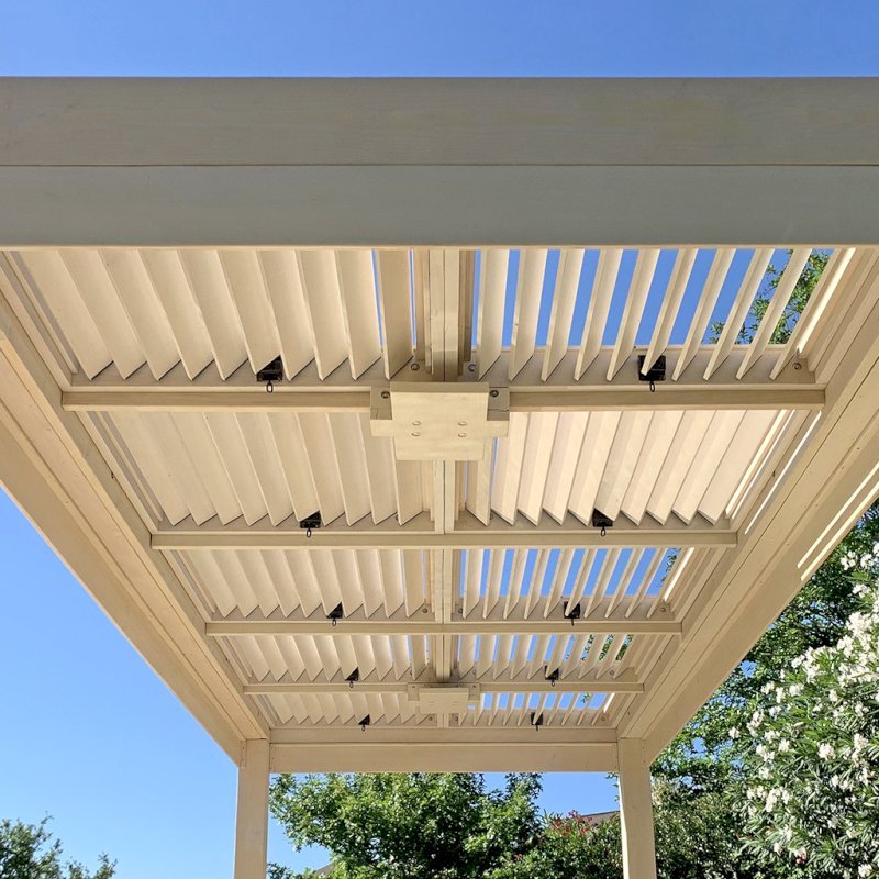 Custom Modern Louvered Garden Pergola (Options: 20' L x 10' W, 8" x 8" Posts, Mobile Louvers, Douglas-fir, 8.5 ft H, 1 Electrical Wiring Trim, No Curtain Rods, 4 Post Anchor Kit for Concrete, 2 Ceiling Fan Bases, White Wash Finish). Photo Courtesy of G. Rodriguez of Cypress, TX. Custom Modern Louvered Garden Pergola (Options: 20' L x 10' W, 8" x 8" Posts, Mobile Louvers, Douglas-fir, 8.5 ft H, 1 Electrical Wiring Trim, No Curtain Rods, 4 Post Anchor Kit for Concrete, 2 Ceiling Fan Bases, White Wash Finish). Photo Courtesy of G. Rodriguez of Cypress, TX.
