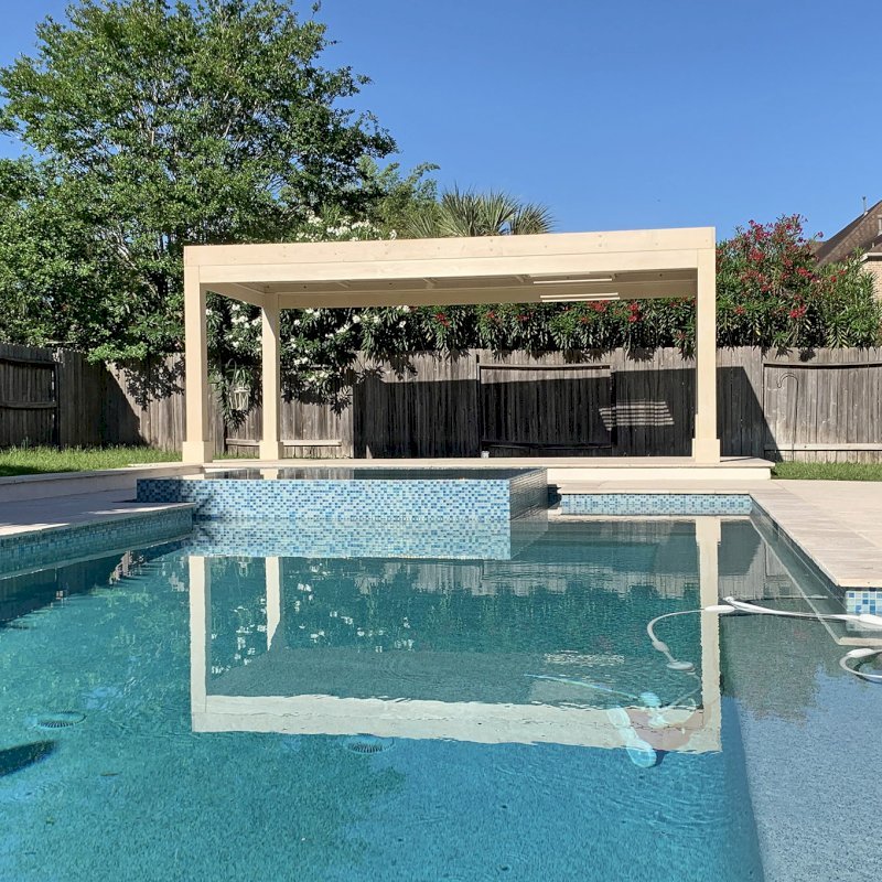 Custom Modern Louvered Garden Pergola (Options: 20' L x 10' W, 8" x 8" Posts, Mobile Louvers, Douglas-fir, 8.5 ft H, 1 Electrical Wiring Trim, No Curtain Rods, 4 Post Anchor Kit for Concrete, 2 Ceiling Fan Bases, White Wash Finish). Photo Courtesy of G. Rodriguez of Cypress, TX. Custom Modern Louvered Garden Pergola (Options: 20' L x 10' W, 8" x 8" Posts, Mobile Louvers, Douglas-fir, 8.5 ft H, 1 Electrical Wiring Trim, No Curtain Rods, 4 Post Anchor Kit for Concrete, 2 Ceiling Fan Bases, White Wash Finish). Photo Courtesy of G. Rodriguez of Cypress, TX.
