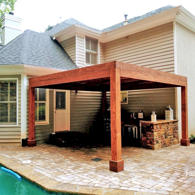 Modern Louvered Garden Pergola (Options: 15' L x 15' W, 8" x 8" Posts, Mobile Louvers, Douglas-fir, 9 ft H, 1 Electrical Wiring Trim, 2 Curtain Rods, 4 Post Anchor Kit for Concrete, No Post Decorative Trims, 1 Ceiling Fan Base, Coffee-Stain Premium Sealant). Photo Courtesy of J. Mcknight of Smyrna, Georgia. Modern Louvered Garden Pergola (Options: 15' L x 15' W, 8" x 8" Posts, Mobile Louvers, Douglas-fir, 9 ft H, 1 Electrical Wiring Trim, 2 Curtain Rods, 4 Post Anchor Kit for Concrete, No Post Decorative Trims, 1 Ceiling Fan Base, Coffee-Stain Premium Sealant). Photo Courtesy of J. Mcknight of Smyrna, Georgia.