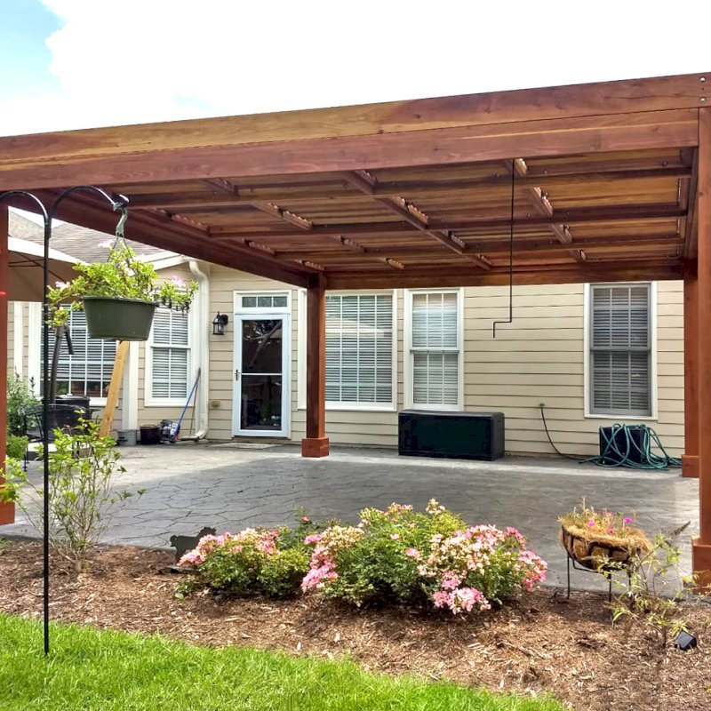Modern Louvered Garden Pergola (Options: 16' L x 16' W, 8" x 8" Posts, Mobile Louvers, California Redwood, 9 ft H, No Electrical Wiring Trim, No Curtain Rods, 4 Post Anchor Kit for Concrete, No Post Decorative Trims, No Ceiling Fan Base, Transparent Premium Sealant). Photo Courtesy of J. McLaughlin of Cary, North Carolina. Modern Louvered Garden Pergola (Options: 16' L x 16' W, 8" x 8" Posts, Mobile Louvers, California Redwood, 9 ft H, No Electrical Wiring Trim, No Curtain Rods, 4 Post Anchor Kit for Concrete, No Post Decorative Trims, No Ceiling Fan Base, Transparent Premium Sealant). Photo Courtesy of J. McLaughlin of Cary, North Carolina.