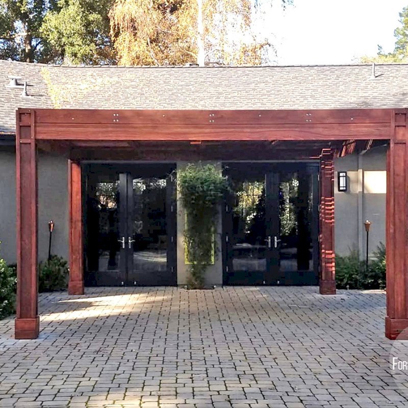Modern Louvered Garden Pergola (Options: 16' L x 16' W, 8" x 8" Posts, Mobile Louvers, California Redwood, 9.5 ft H, 1 Electrical Wiring Trim, No Curtain Rods, 4 Post Anchor Kit for Concrete, 1 Ceiling Fan Base, Custom Vertical Trim Kits for The Posts, Coffee-Stain Premium Sealant). Photo Courtesy of L. Arms of Atherton, California. Modern Louvered Garden Pergola (Options: 16' L x 16' W, 8" x 8" Posts, Mobile Louvers, California Redwood, 9.5 ft H, 1 Electrical Wiring Trim, No Curtain Rods, 4 Post Anchor Kit for Concrete, 1 Ceiling Fan Base, Custom Vertical Trim Kits for The Posts, Coffee-Stain Premium Sealant). Photo Courtesy of L. Arms of Atherton, California.