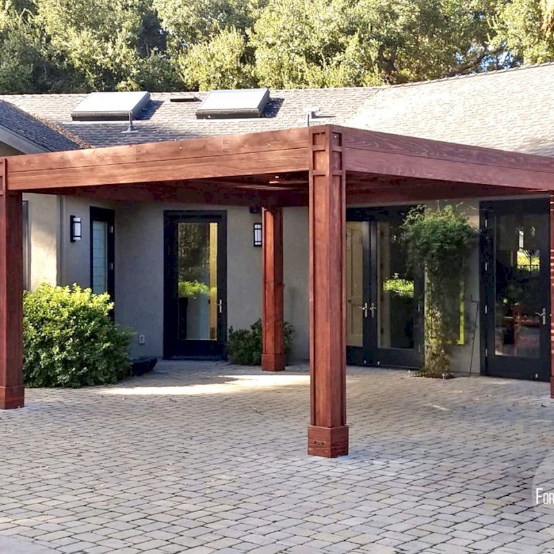 Modern Louvered Garden Pergola (Options: 16' L x 16' W, 8" x 8" Posts, Mobile Louvers, California Redwood, 9.5 ft H, 1 Electrical Wiring Trim, No Curtain Rods, 4 Post Anchor Kit for Concrete, 1 Ceiling Fan Base, Custom Vertical Trim Kits for The Posts, Coffee-Stain Premium Sealant). Photo Courtesy of L. Arms of Atherton, California. Modern Louvered Garden Pergola (Options: 16' L x 16' W, 8" x 8" Posts, Mobile Louvers, California Redwood, 9.5 ft H, 1 Electrical Wiring Trim, No Curtain Rods, 4 Post Anchor Kit for Concrete, 1 Ceiling Fan Base, Custom Vertical Trim Kits for The Posts, Coffee-Stain Premium Sealant). Photo Courtesy of L. Arms of Atherton, California.