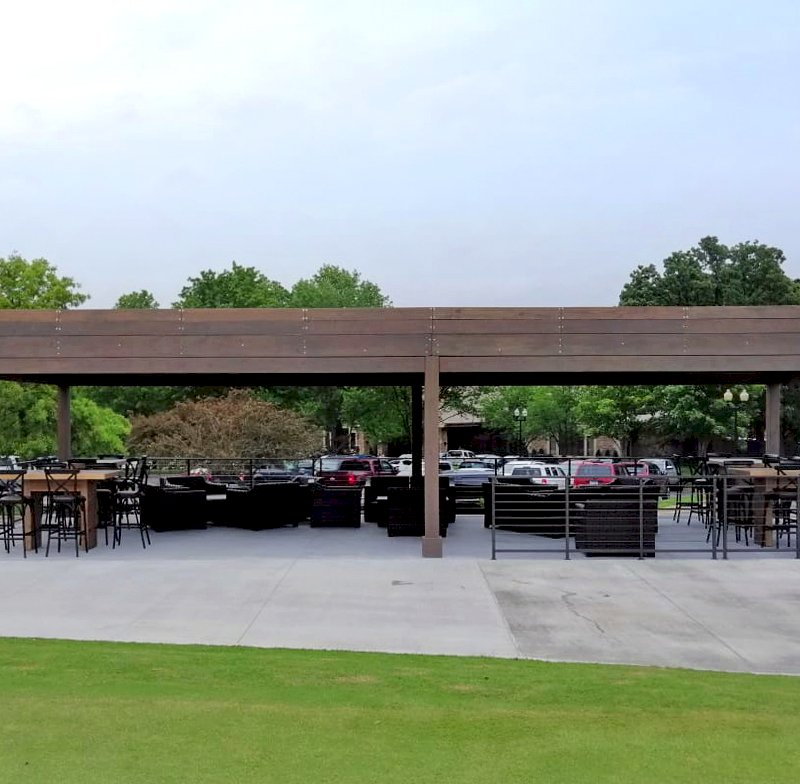 Modern Louvered Garden Pergola (Options: 44' L x 18' W, 8" x 8" Posts, Mobile Louvers, Douglas-fir, 10 ft H, No Electrical Wiring Trim, 4 Curtain Rods, 6 Post Anchor Kit for Concrete, With Clear Polycarbonate Roofing Atop Pergola Framing by Custom Request, No Post Decorative Trims, No Ceiling Fan Bases, Coffee-Stain Premium Sealant). Photo Courtesy of M. Hudson of Rogers, Arkansas. Modern Louvered Garden Pergola (Options: 44' L x 18' W, 8" x 8" Posts, Mobile Louvers, Douglas-fir, 10 ft H, No Electrical Wiring Trim, 4 Curtain Rods, 6 Post Anchor Kit for Concrete, With Clear Polycarbonate Roofing Atop Pergola Framing by Custom Request, No Post Decorative Trims, No Ceiling Fan Bases, Coffee-Stain Premium Sealant). Photo Courtesy of M. Hudson of Rogers, Arkansas.