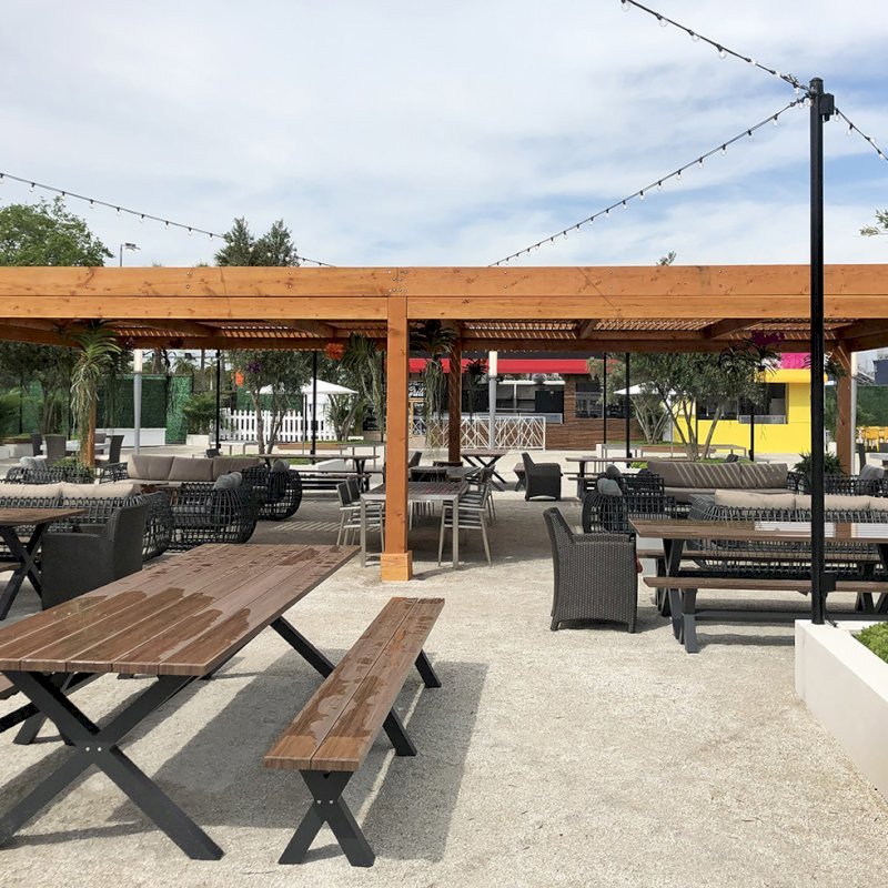 Modern Louvered Garden Pergola (Options: 40' L x 24' W, 8" x 8" Posts, Mobile Louvers, Douglas-fir, 10 ft H, No Electrical Wiring Trim, 6-Post Anchor Kit for Hurricane, No post decorative trims, No Ceiling Fan Base, Transparent Premium Sealant). Photo Courtesy of the Miami Open at Dolphins Stadium in Miami, Florida. Modern Louvered Garden Pergola (Options: 40' L x 24' W, 8" x 8" Posts, Mobile Louvers, Douglas-fir, 10 ft H, No Electrical Wiring Trim, 6-Post Anchor Kit for Hurricane, No post decorative trims, No Ceiling Fan Base, Transparent Premium Sealant). Photo Courtesy of the Miami Open at Dolphins Stadium in Miami, Florida.