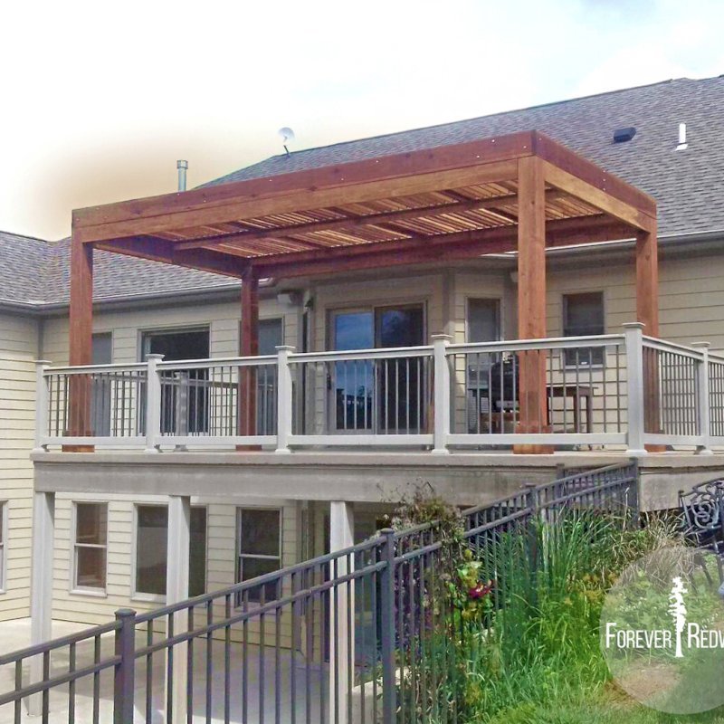 Modern Louvered Garden Pergola (Options: 20' L x 12' W, 8" x 8" Posts, Mobile Louvers, California Redwood, 9.5 ft H, 1 Electrical Wiring Trim, 1 Curtain Rod, 4 Post Anchor Kit for Concrete, No Post Decorative Trims, No Ceiling Fan Base, Transparent Premium Sealant). Photo Courtesy of N. Korte of Trenton, Illinois. Modern Louvered Garden Pergola (Options: 20' L x 12' W, 8" x 8" Posts, Mobile Louvers, California Redwood, 9.5 ft H, 1 Electrical Wiring Trim, 1 Curtain Rod, 4 Post Anchor Kit for Concrete, No Post Decorative Trims, No Ceiling Fan Base, Transparent Premium Sealant). Photo Courtesy of N. Korte of Trenton, Illinois.